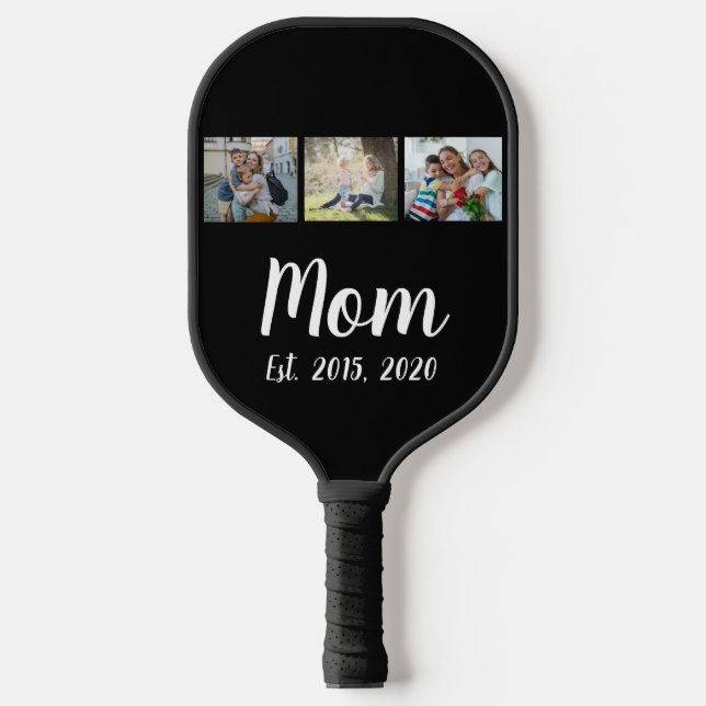 Mom Established Elegant Script Black 3 Photo Pickleball Paddle (Front)