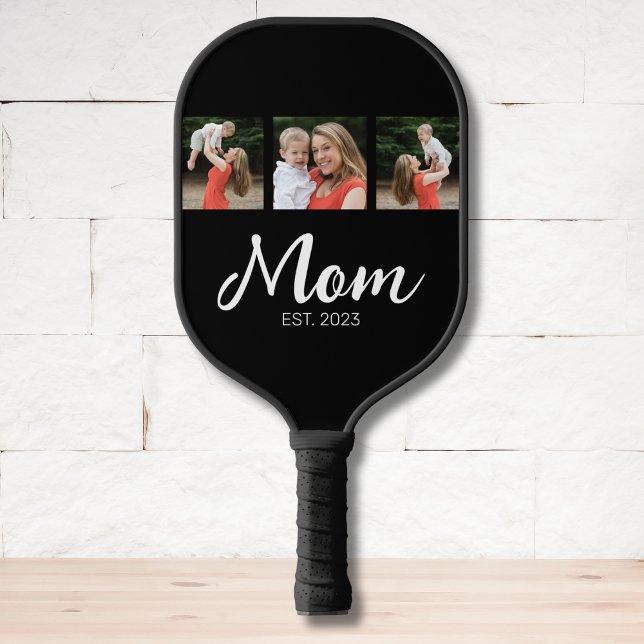 Mom Established Elegant Script Black 3 Photo Pickleball Paddle (Creator Uploaded)