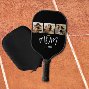 Mom Established Elegant Script Black 3 Photo Pickleball Paddle