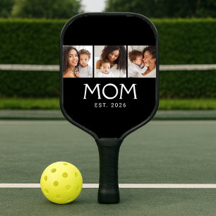 Mom Established Elegant Script Black 3 Photo Pickleball Paddle