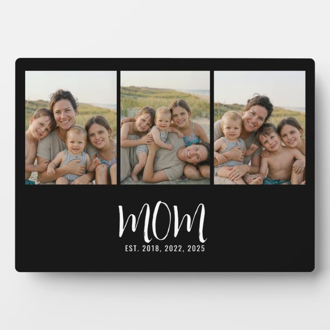 Mom Established Elegant Script Black 3 Photo Plaque (Front)