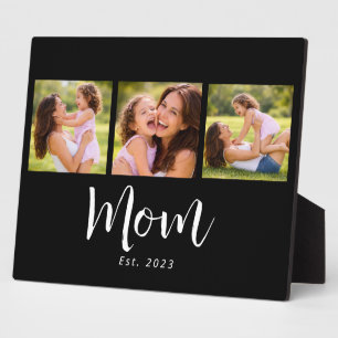 Mom Established Elegant Script Black 3 Photo Plaque