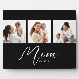 Mom Established Elegant Script Black 3 Photo Plaque