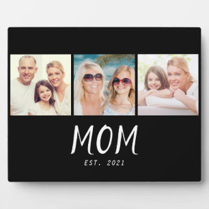 Mom Established Elegant Script Black 3 Photo Plaque