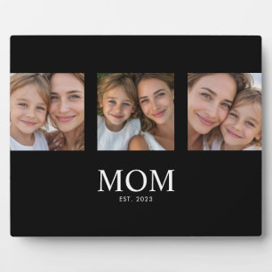 Mom Established Elegant Script Black 3 Photo Plaque