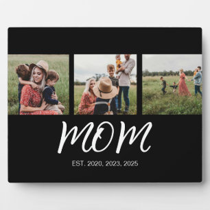 Mom Established Elegant Script Black 3 Photo Plaque