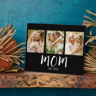 Mom Established Elegant Script Black 3 Photo Plaque