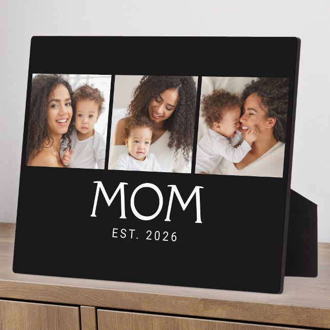 Mom Established Elegant Script Black 3 Photo Plaque (Creator Uploaded)
