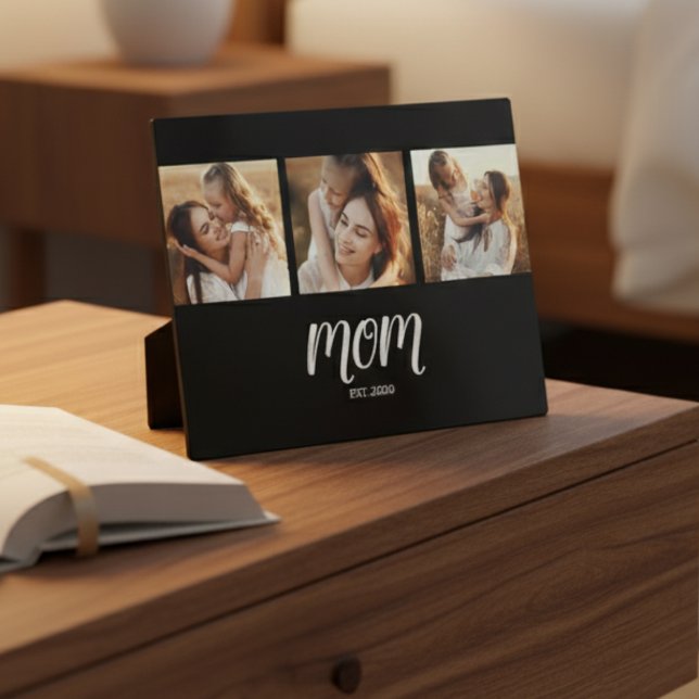 Mom Established Elegant Script Black 3 Photo Plaque (Creator Uploaded)