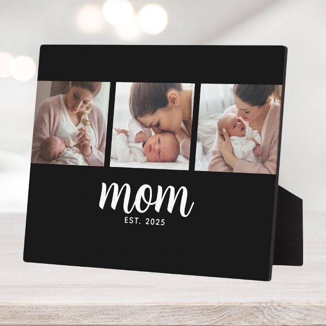 Mom Established Elegant Script Black 3 Photo Plaque (Creator Uploaded)