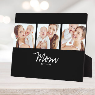 Mom Established Elegant Script Black 3 Photo Plaque