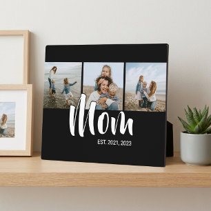 Mom Established Elegant Script Black 3 Photo Plaque