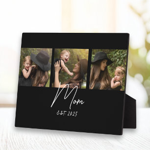 Mom Established Elegant Script Black 3 Photo Plaque