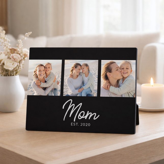 Mom Established Elegant Script Black 3 Photo Plaque (Creator Uploaded)