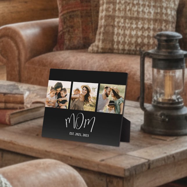 Mom Established Elegant Script Black 3 Photo Plaque (Creator Uploaded)