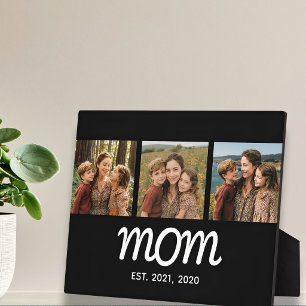 Mom Established Elegant Script Black 3 Photo Plaque