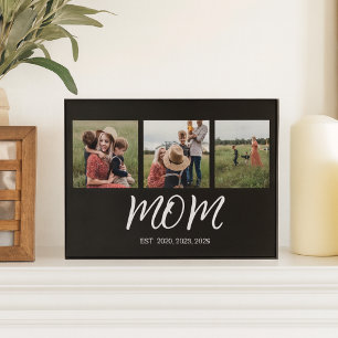 Mom Established Elegant Script Black 3 Photo Plaque