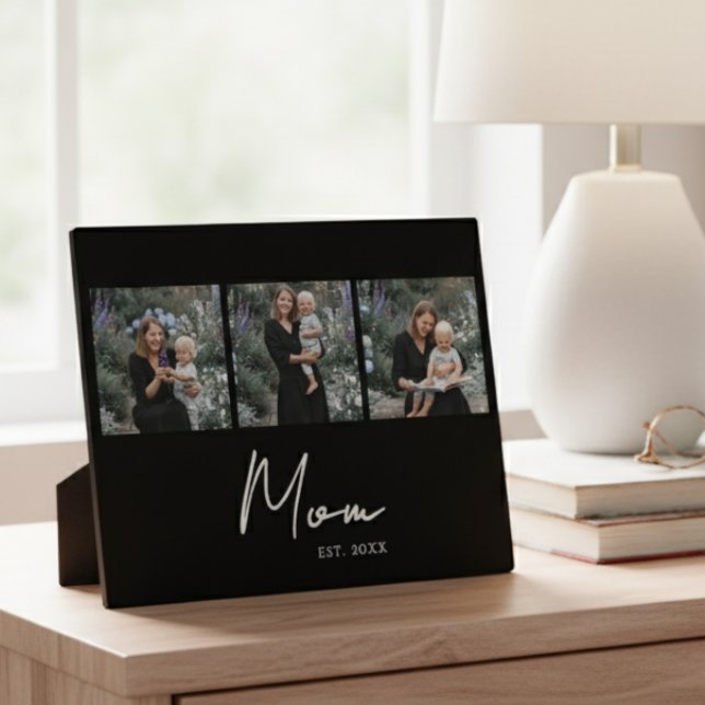 Mom Established Elegant Script Black 3 Photo Plaque (Creator Uploaded)