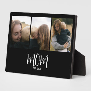 Mom Established Elegant Script Black 3 Photo Plaque