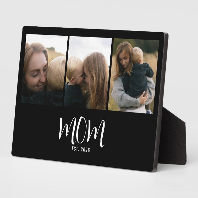 Mom Established Elegant Script Black 3 Photo Plaque (Side)