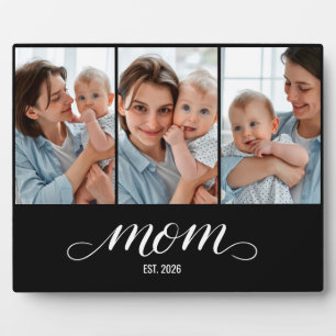 Mom Established Elegant Script Black 3 Photo Plaque