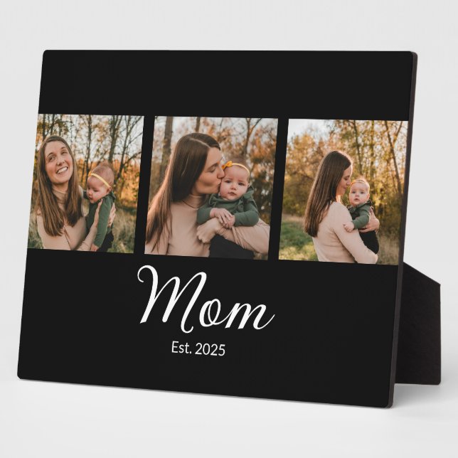 Mom Established Elegant Script Black 3 Photo Plaque (Side)