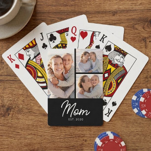Mom Established Elegant Script Black 3 Photo Poker Cards