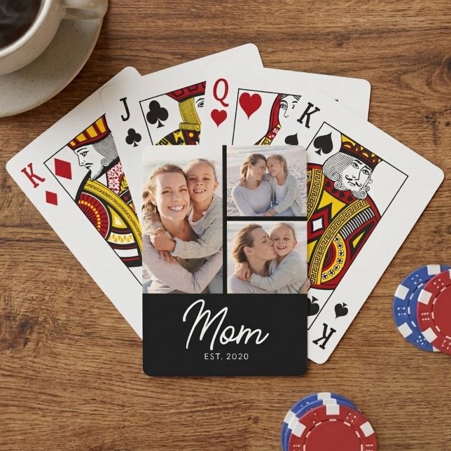 Mom Established Elegant Script Black 3 Photo Poker Cards (Creator Uploaded)