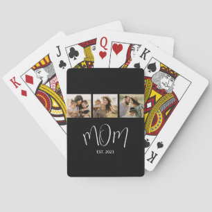 Mom Established Elegant Script Black 3 Photo Poker Cards