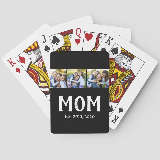 Mom Established Elegant Script Black 3 Photo Poker Cards (Back)