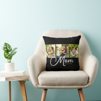 Mom Established Elegant Script Black 3 Photo  Throw Pillow