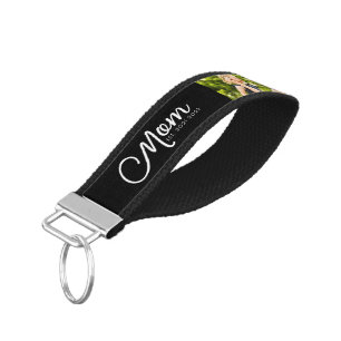 Mom Established Elegant Script Black 3 Photo Wrist Keychain