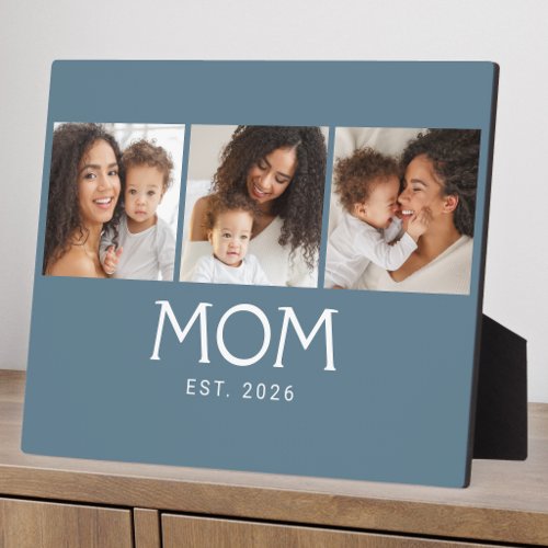 Mom Established Elegant Script Blue 3 Photo Plaque