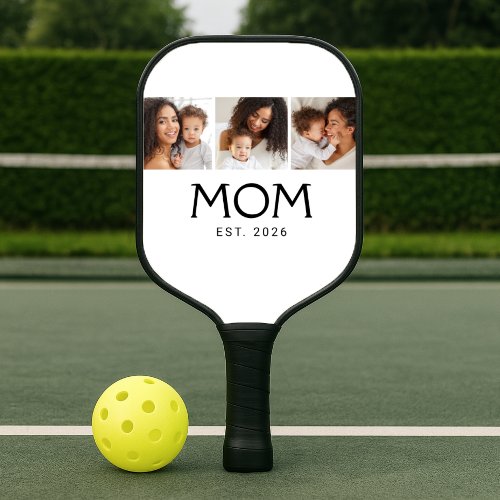Mom Established Elegant Script Blush White 3 Photo Pickleball Paddle