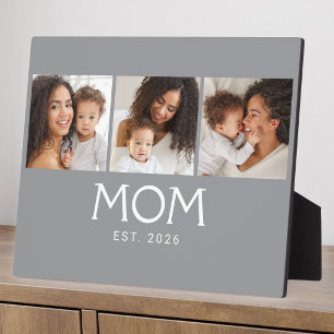 Mom Established Elegant Script Gray 3 Photo Plaque