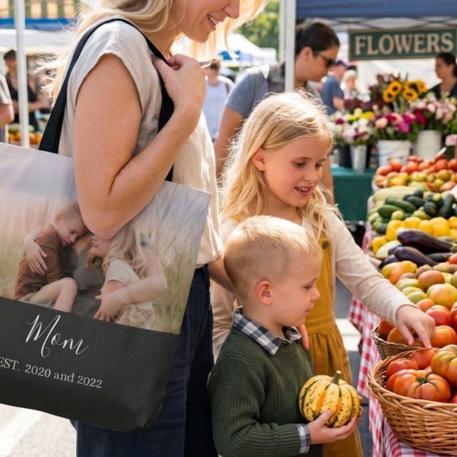 Mom Established Elegant Script Photo Tote Bag (Creator Uploaded)