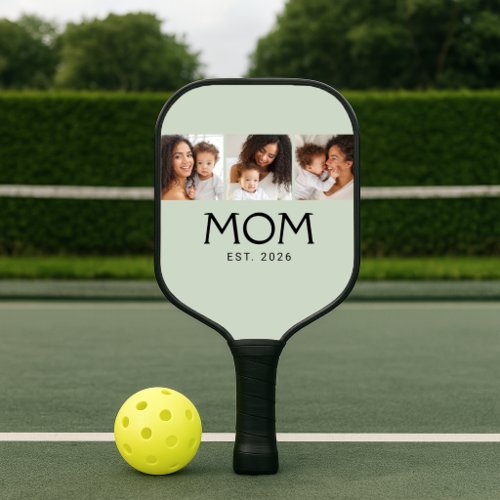 Mom Established Elegant Script Sage Green 3 Photo Pickleball Paddle