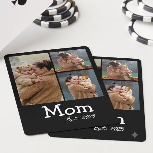 Mom Established Fun Bold Text 3 Photo Black Poker Cards
