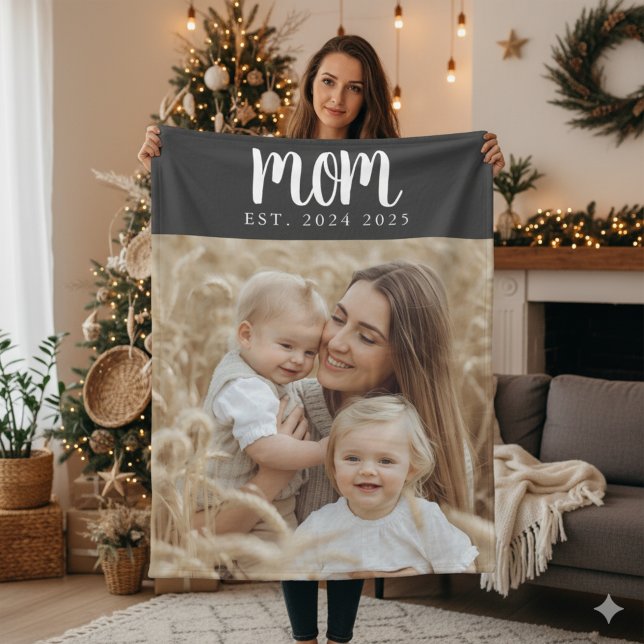 Mom Established Fun Modern Script Photo Fleece Blanket (elegant mom established dates with photo blanket christmas gift for mom from the kids or dad)