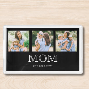 Mom Established Modern 3 Photo Black Acrylic Tray