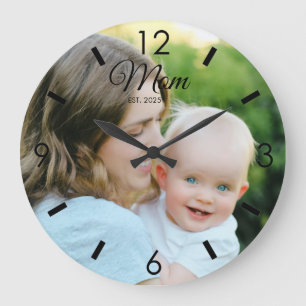 Mom Established Modern Black Script Photo Large Clock