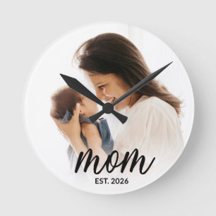 Mom Established Modern Black Script Photo Round Clock