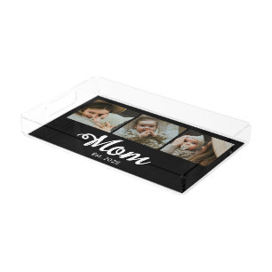 Mom Established Modern Bold Script Black 3 Photo Acrylic Tray