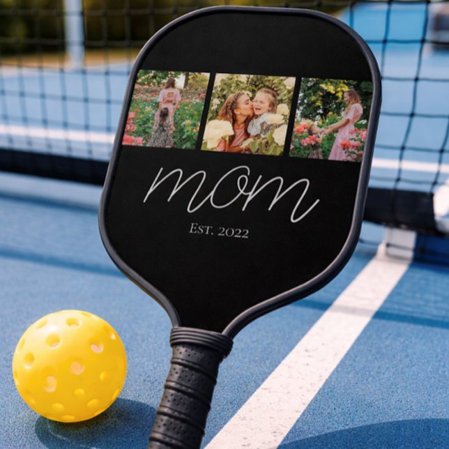 Mom Established Modern Bold Script Black 3 Photo Carbon Fiber Pickleball Paddle (Creator Uploaded)