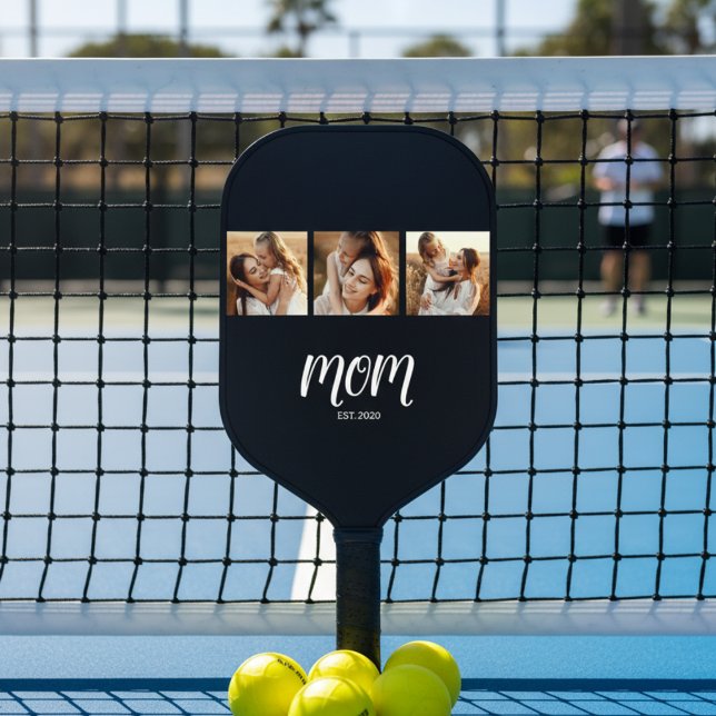 Mom Established Modern Bold Script Black 3 Photo Carbon Fiber Pickleball Paddle (Creator Uploaded)