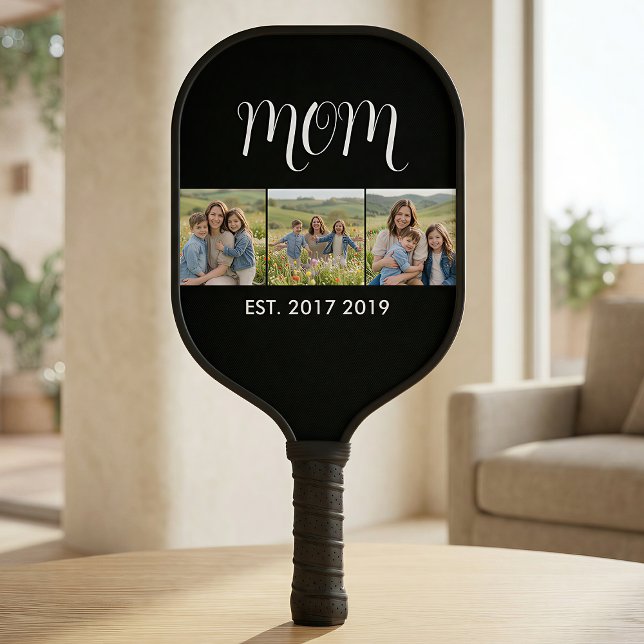 Mom Established Modern Bold Script Black 3 Photo Carbon Fiber Pickleball Paddle (Creator Uploaded)