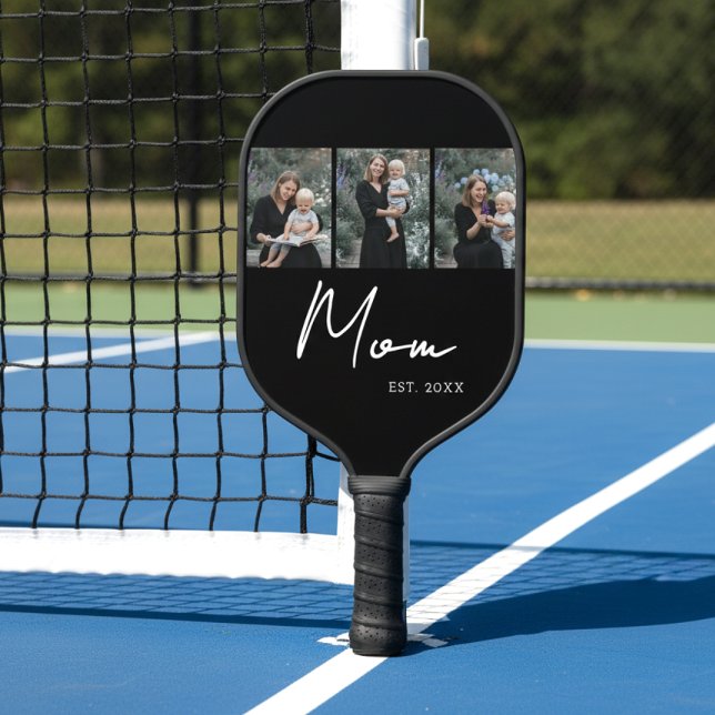 Mom Established Modern Bold Script Black 3 Photo Carbon Fiber Pickleball Paddle (Creator Uploaded)