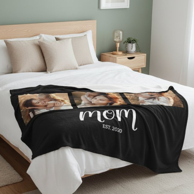 Mom Established Modern Bold Script Black 3 Photo Fleece Blanket (Creator Uploaded)