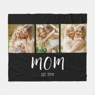 Mom Established Modern Bold Script Black 3 Photo Fleece Blanket