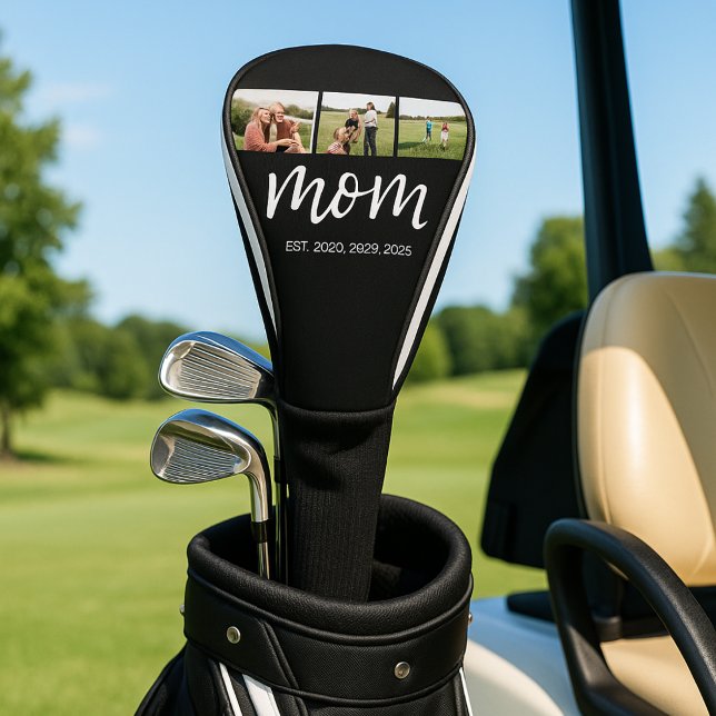 Mom Established Modern Bold Script Black 3 Photo Golf Head Cover (Creator Uploaded)